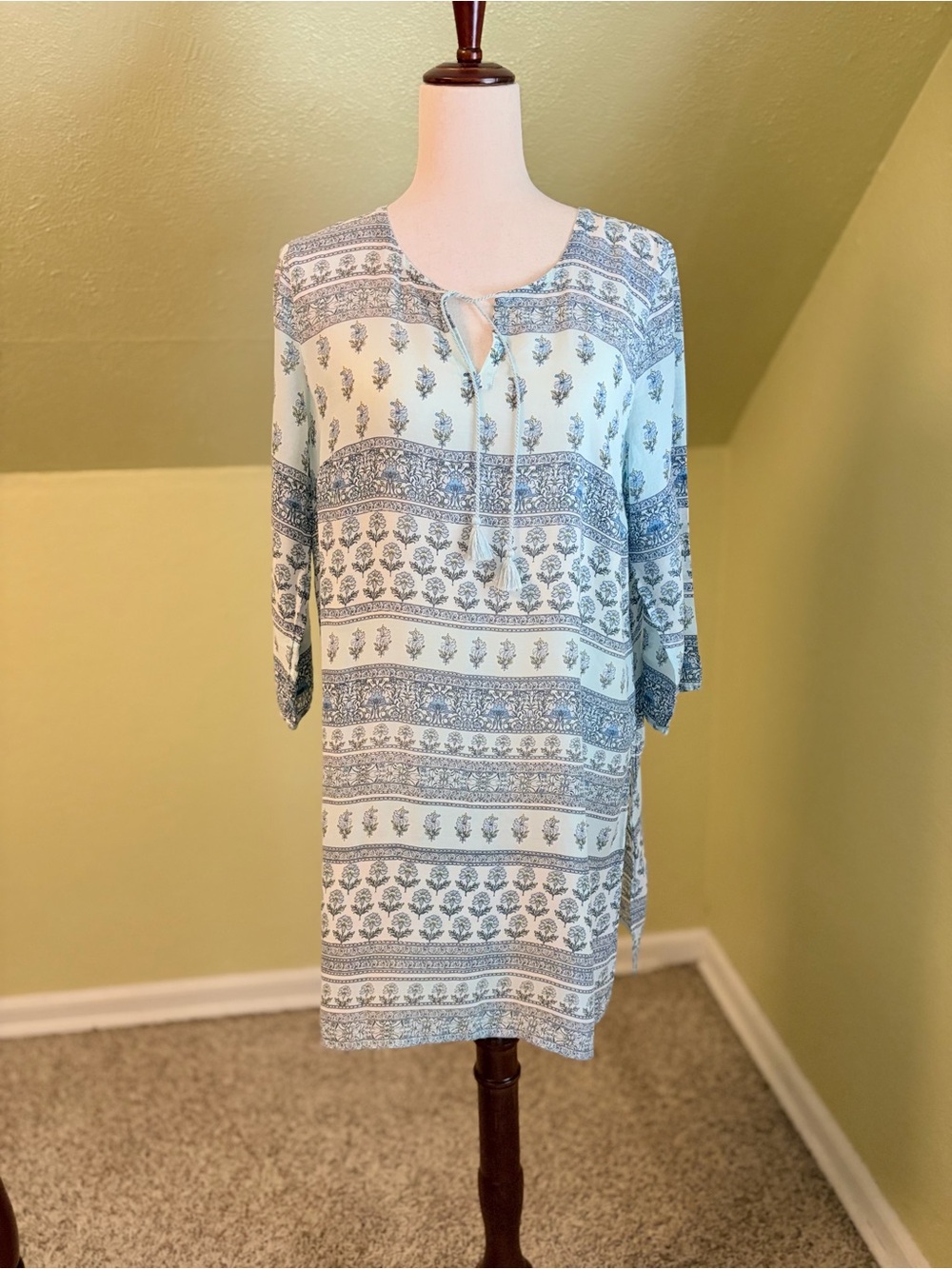 J. Jill Mixed Boho Print Sheer Tunic Beach Swim Coverup Blue Medium Tencel